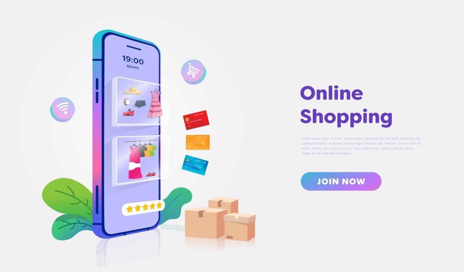 Illustration of an online shopping app with products and payment cards
