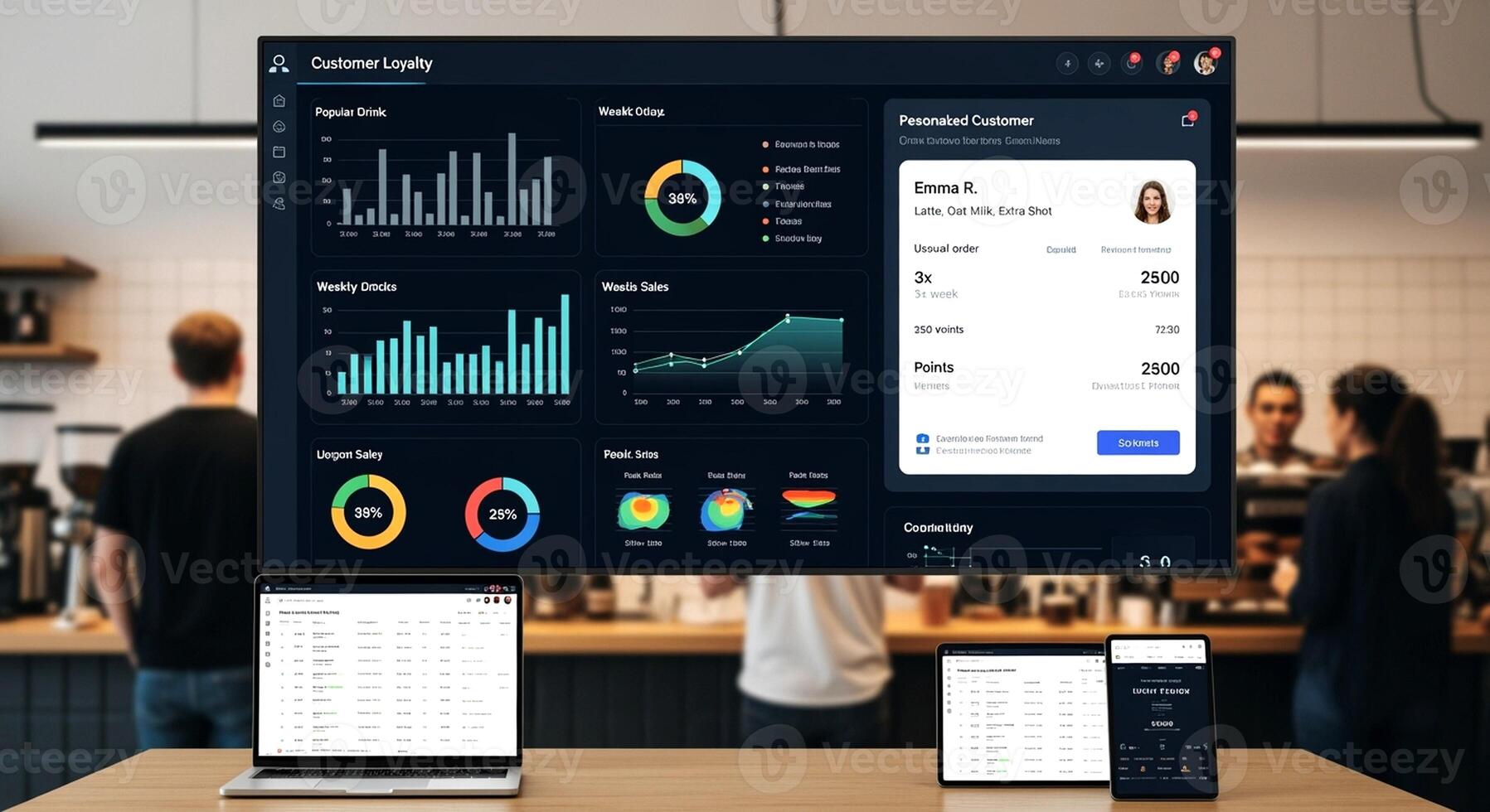 Analytics dashboard displayed across desktop, laptop, tablet and phone